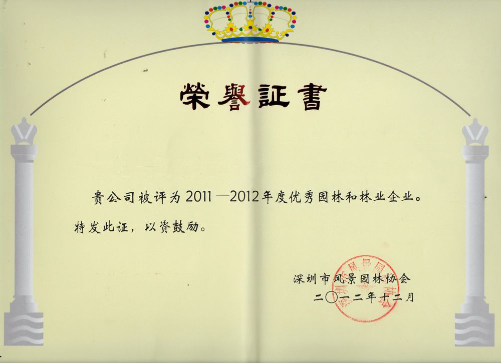 深圳市优秀园林和林业证书